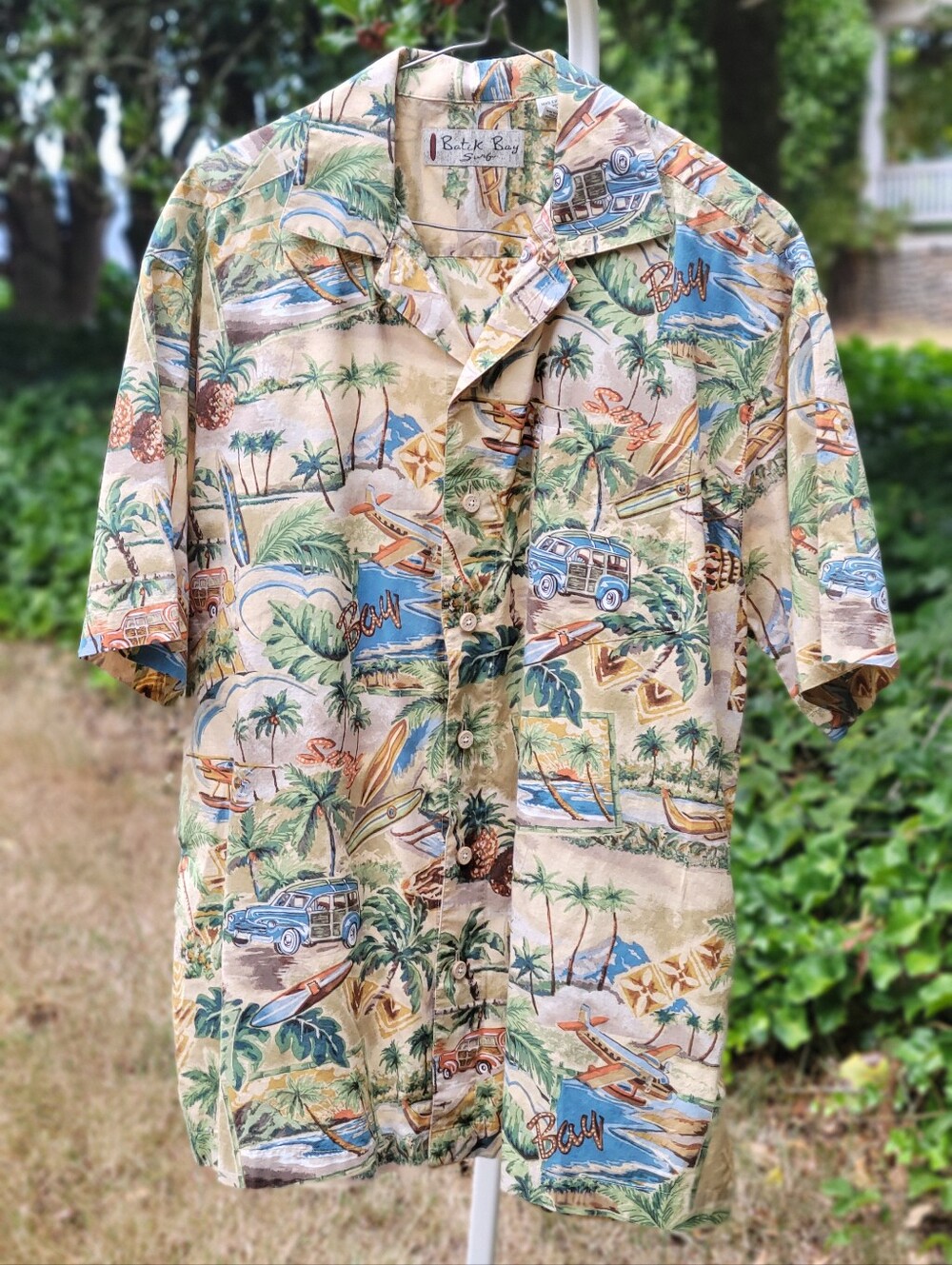 Vintage 90s Batik Bay Surf Tropical Woody Wagon Hawaiian Shirt